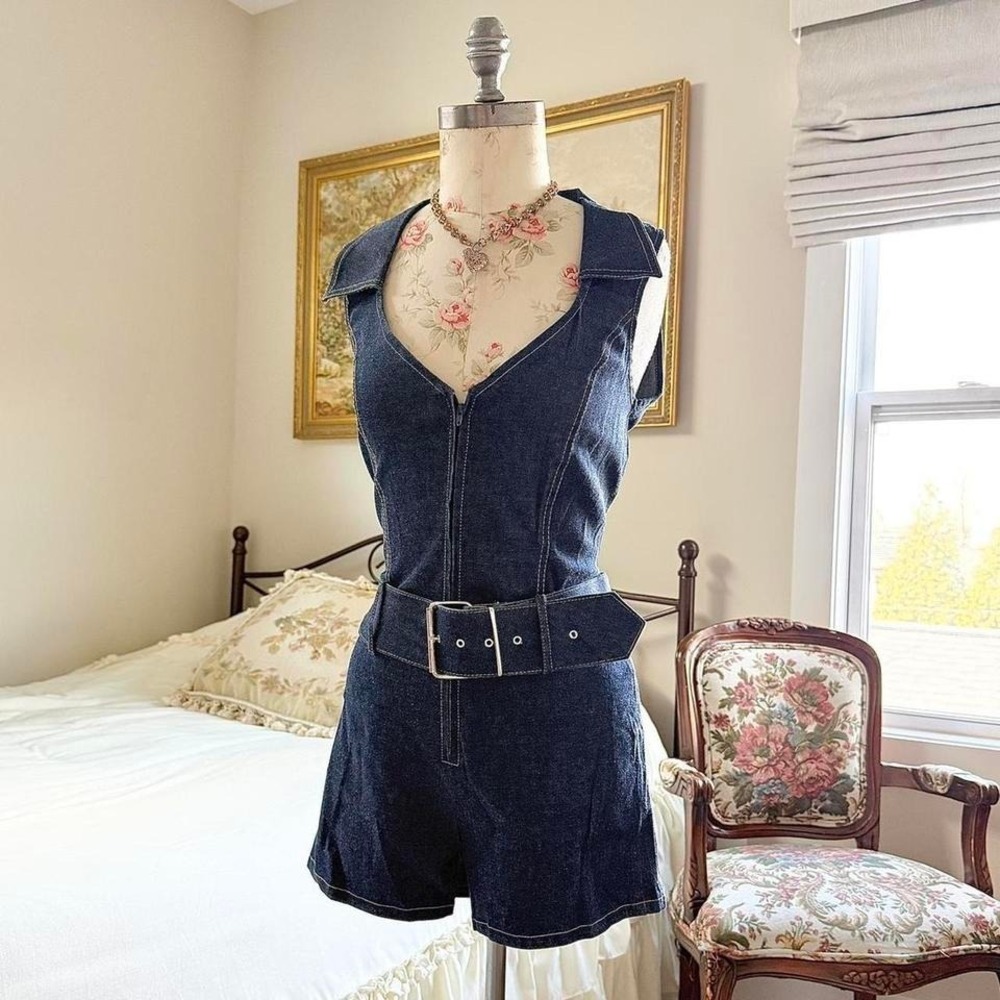 Y2k jean belted romper  y2k dark wash denim romper timing size large